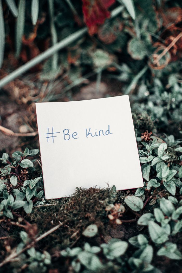 Mastering the First Impression: Your intriguing post title goes here Close-up of an inspirational note with 'Be Kind' hashtag placed on lush green grass.